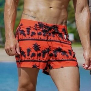 Tucann Men Medium Black Orange Palm 3" Swim Lined Shorts
